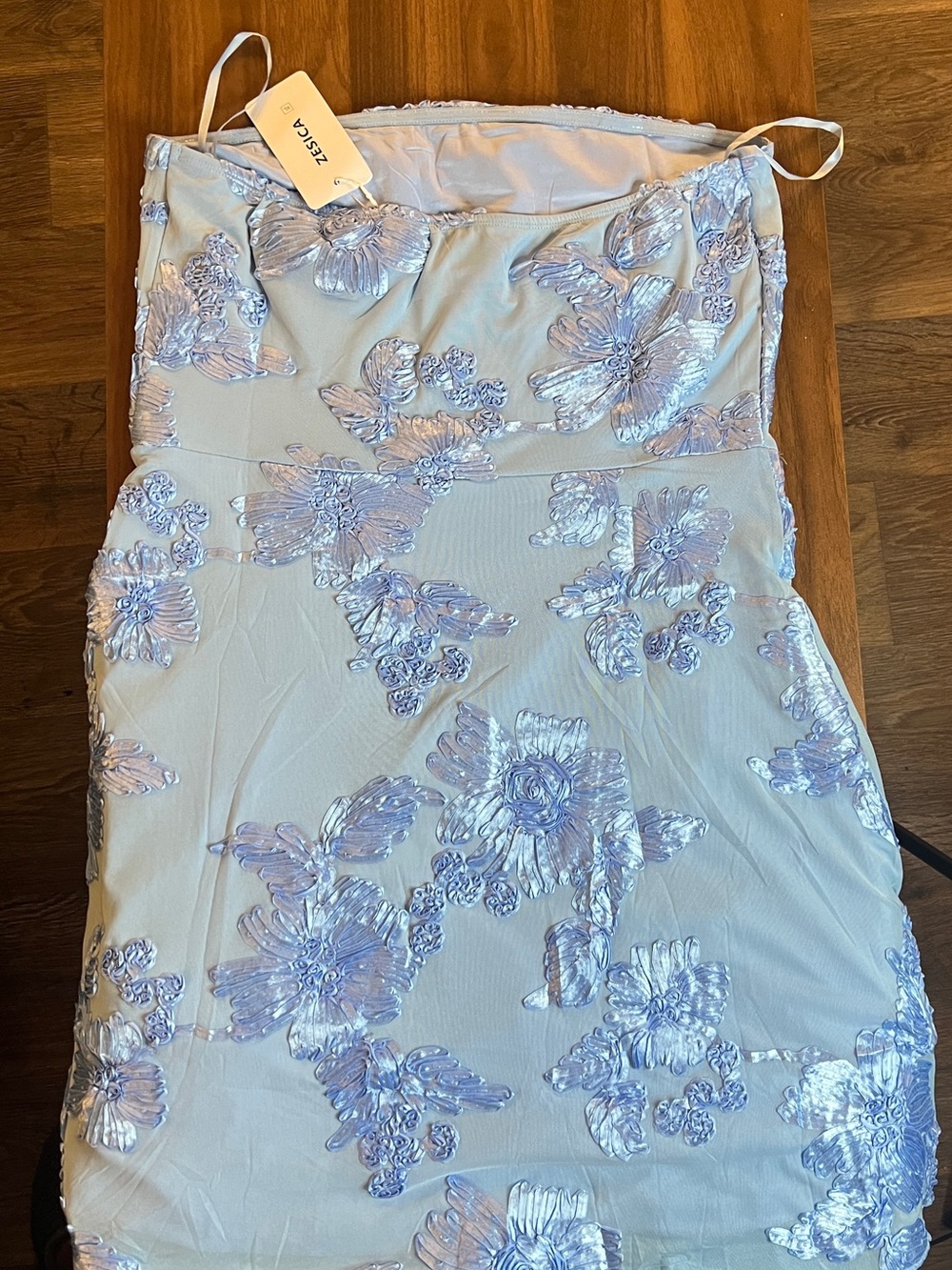 Strapless Light Blue Floral Appliqué Mini Dress - Picture 8 of 15
